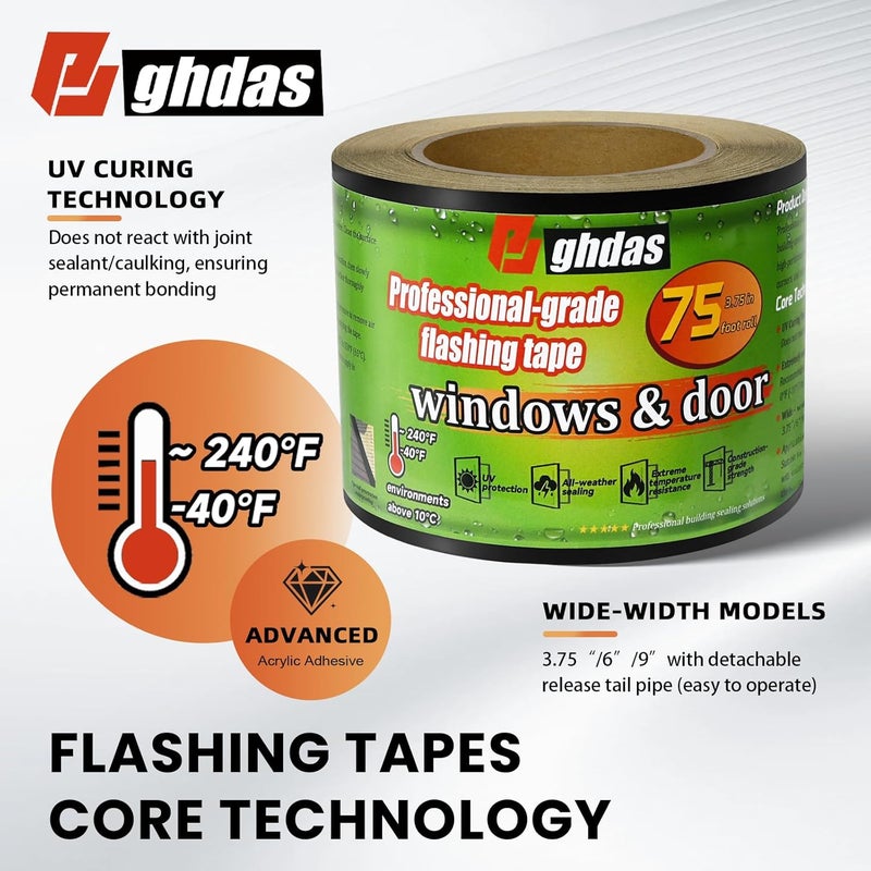 Bghdas Flashing Tape, 3.75" x 75', Industrial Strength for Windows, Doors, Weather-Resistant, UV-Resistant, Tear-Resistant, Advanced Acrylic Adhesive, Black - Image 2